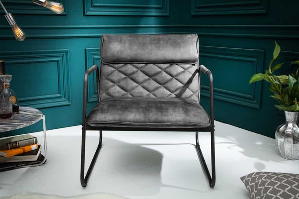MUSTANG LOUNGER Retro Lounge Sessel grau Samt Wohnzimmersessel schwarzes Metallgestell