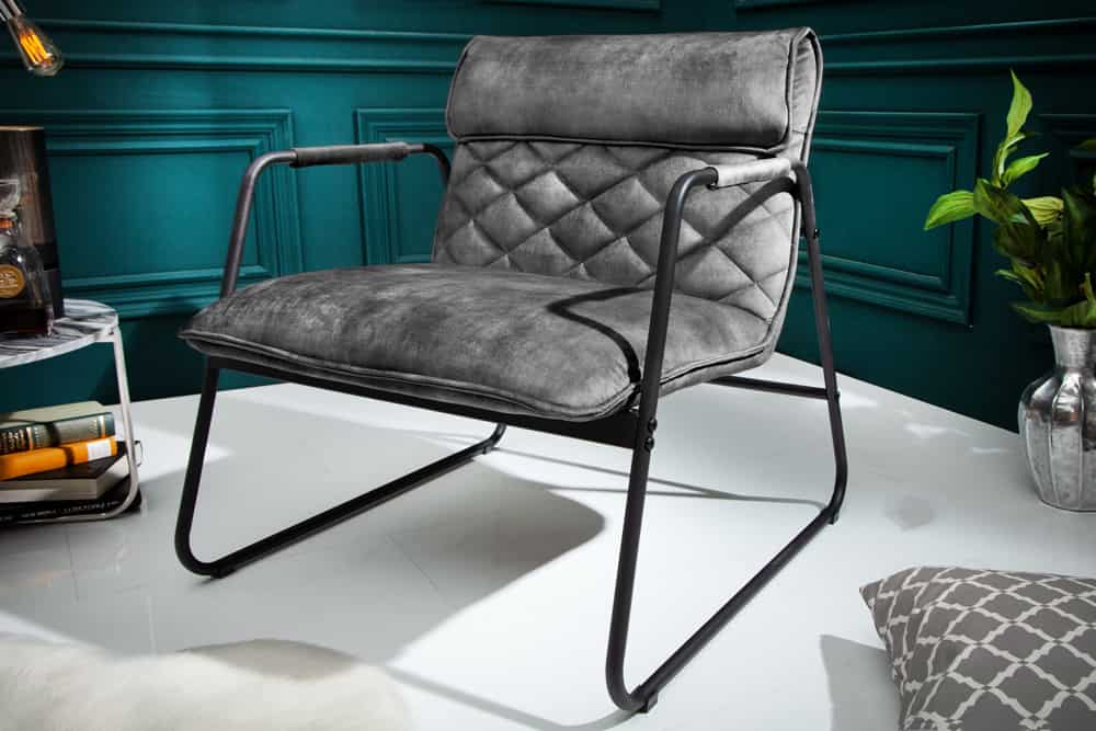 MUSTANG LOUNGER Retro Lounge Sessel grau Samt Wohnzimmersessel schwarzes Metallgestell