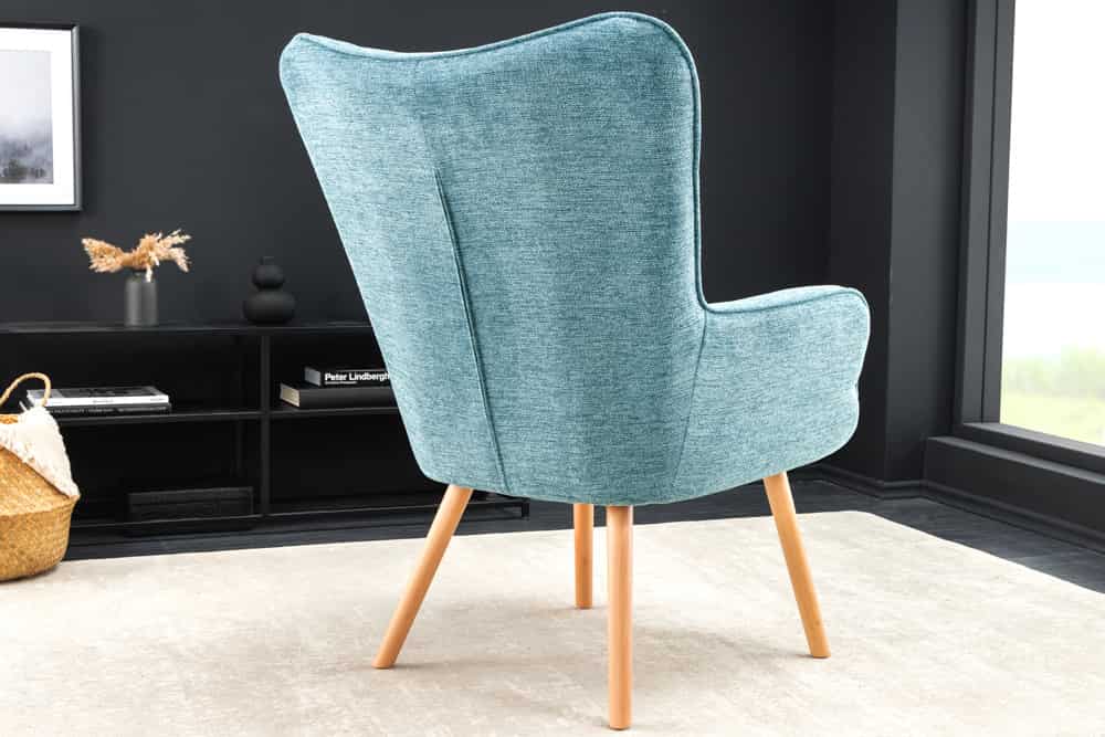 Moderner Sessel SCANDINAVIA blau Strukturstoff Massivholz-Beine mit Armlehnen