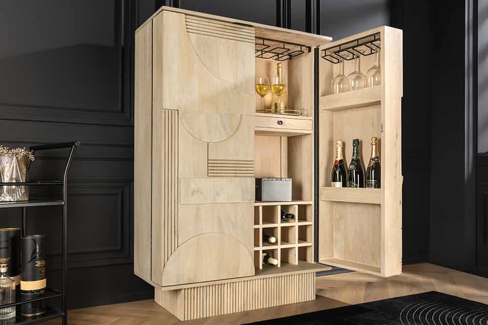 ART DECO Design Barschrank 140cm weiß gekälkt Mangoholz 3D-Front