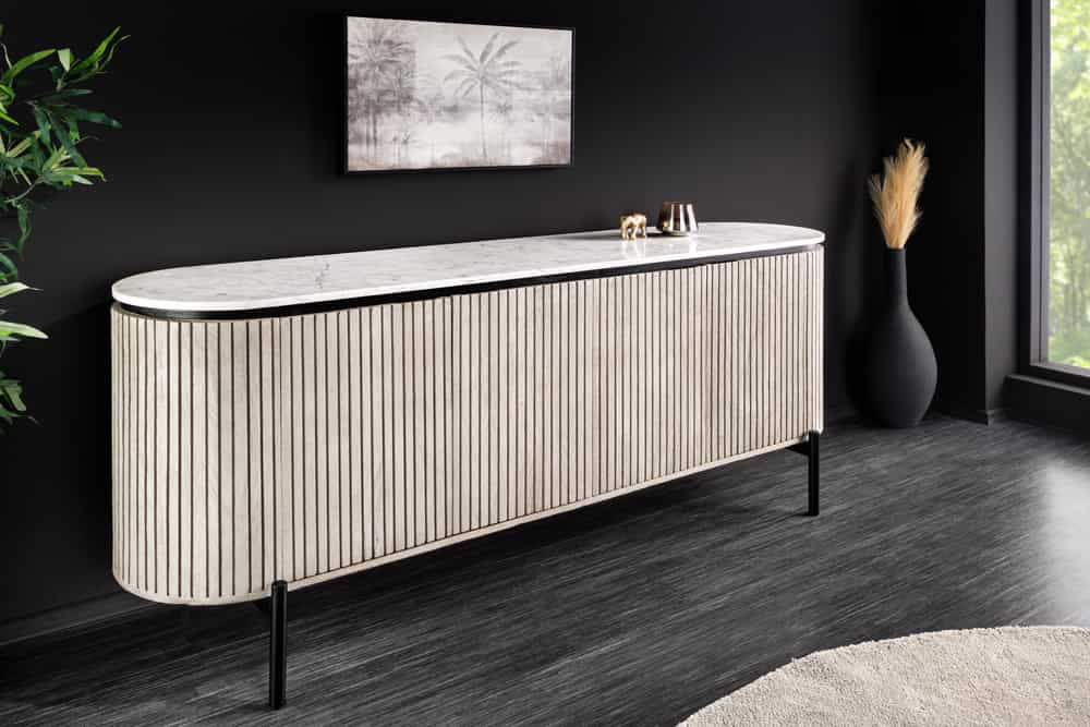 Massives Sideboard ADLON 170cm grau sandgestrahlt Mangoholz mit Marmorplatte