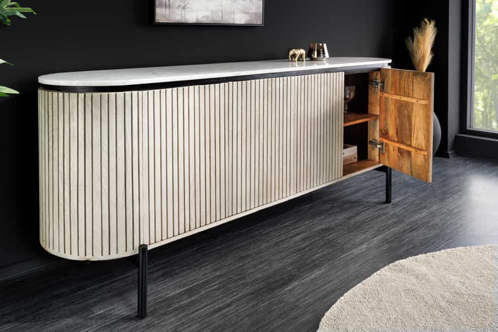 Massives Sideboard ADLON 170cm grau sandgestrahlt Mangoholz mit Marmorplatte