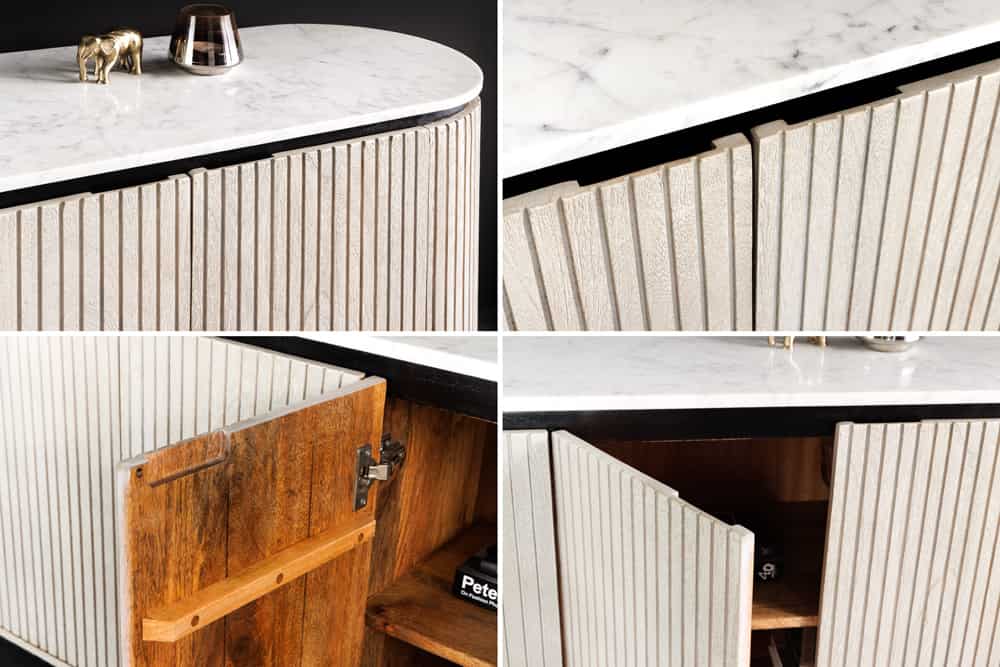 Massives Sideboard ADLON 170cm grau sandgestrahlt Mangoholz mit Marmorplatte