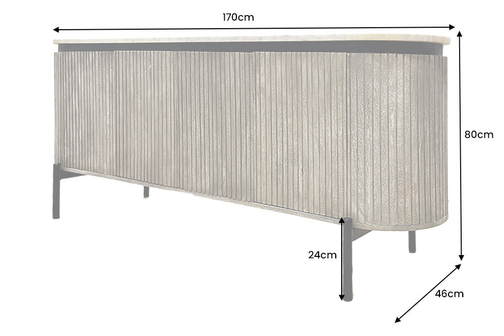 Massives Sideboard ADLON 170cm grau sandgestrahlt Mangoholz mit Marmorplatte