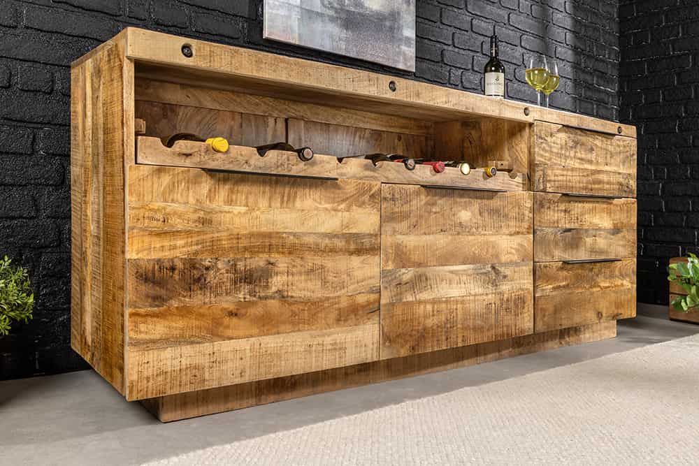 Massives Sideboard IRON CRAFT 175cm natur Mangoholz mit Schubladen Weinregal