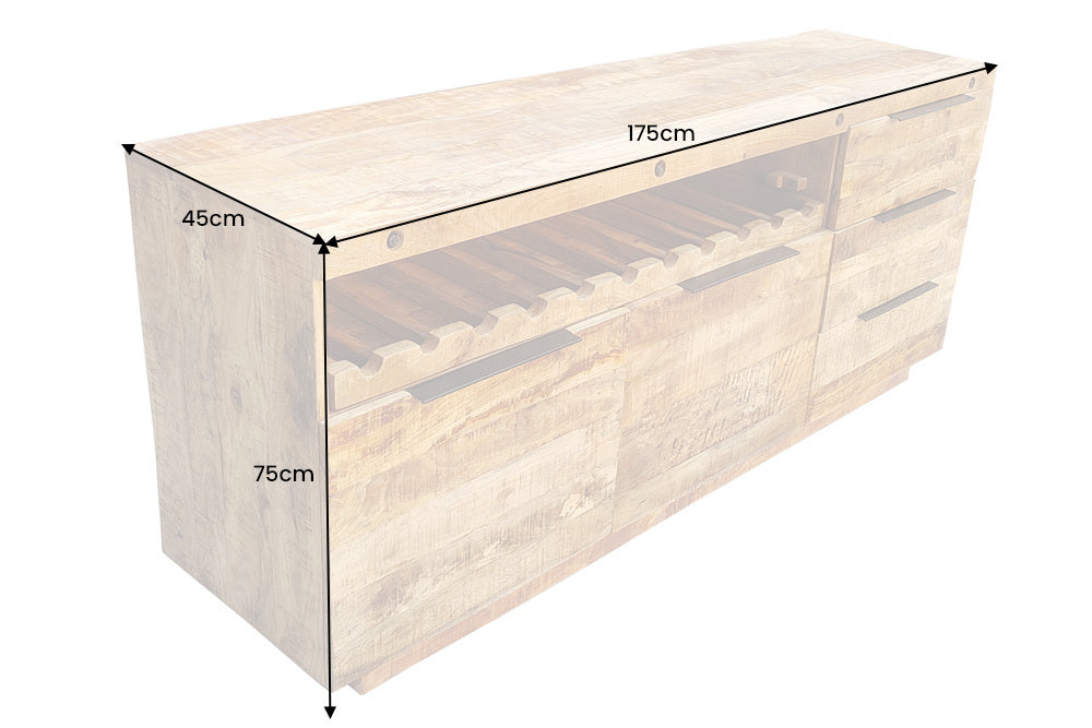 Massives Sideboard IRON CRAFT 175cm natur Mangoholz mit Schubladen Weinregal