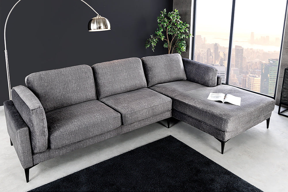 MANHATTAN Design Ecksofa 295cm dunkelgrau Samt Federkern 3-Sitzer Metallfüße