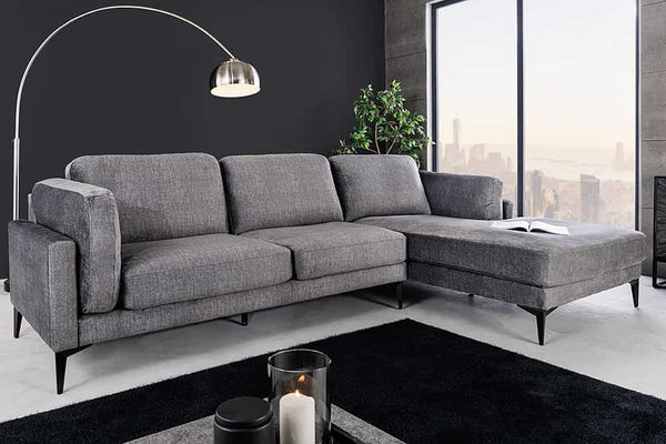 MANHATTAN Design Ecksofa 295cm dunkelgrau Samt Federkern 3-Sitzer Metallfüße