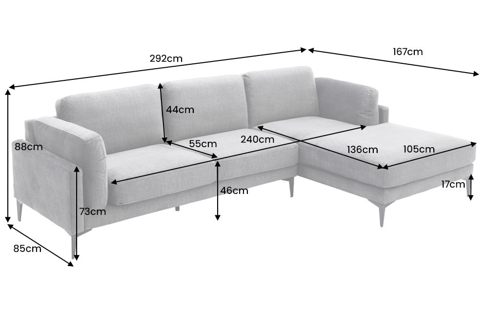 MANHATTAN Design Ecksofa 295cm grau Strukturstoff Chenille Federkern 3-Sitzer Metallfüße