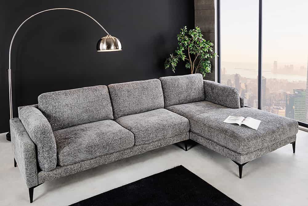 MANHATTAN Design Ecksofa 295cm grau Strukturstoff Chenille Federkern 3-Sitzer Metallfüße