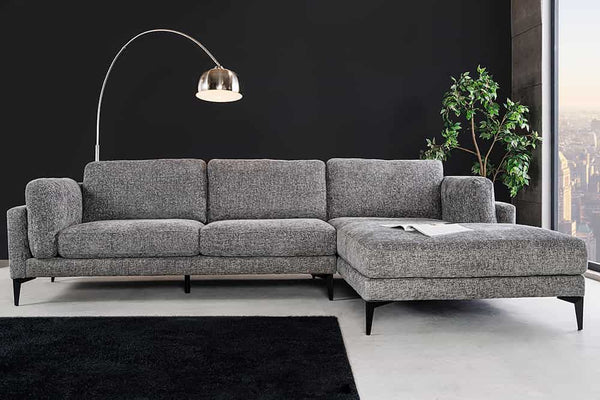 MANHATTAN Design Ecksofa 295cm grau Strukturstoff Chenille Federkern 3-Sitzer Metallfüße