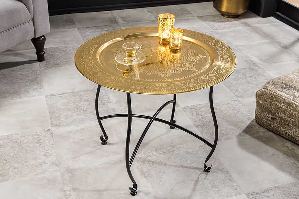 MARRAKESCH Runder Couchtisch 60cm Teetisch abnehmbares Tablett klappbar