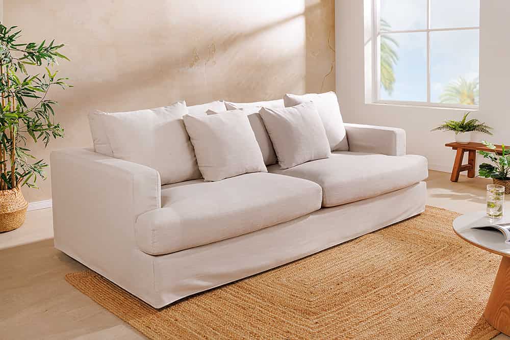 HEAVEN 3-Sitzer Sofa 210cm natur Leinenstoff Gänsefeder-Kissen Federkern abnehmbarer Bezug