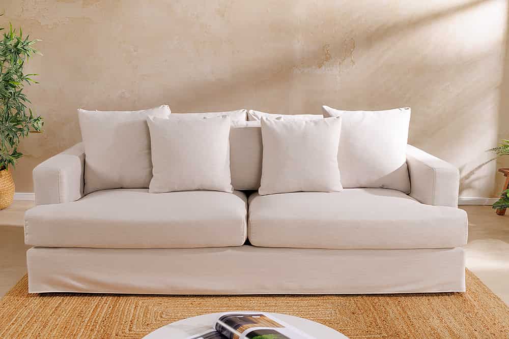 HEAVEN 3-Sitzer Sofa 210cm natur Leinenstoff Gänsefeder-Kissen Federkern abnehmbarer Bezug