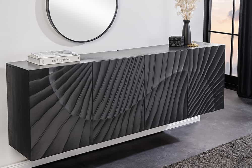 Massives Sideboard SCORPION 180cm schwarz hängend Mangoholz 3D-Design