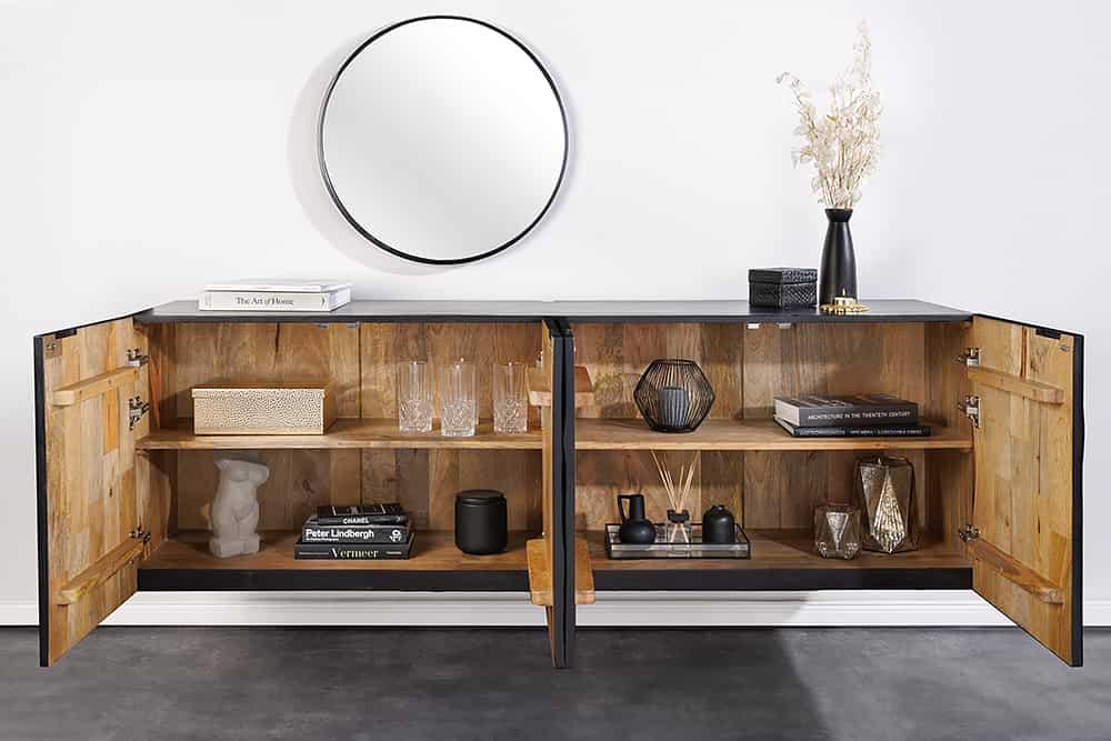 Massives Sideboard SCORPION 180cm schwarz hängend Mangoholz 3D-Design