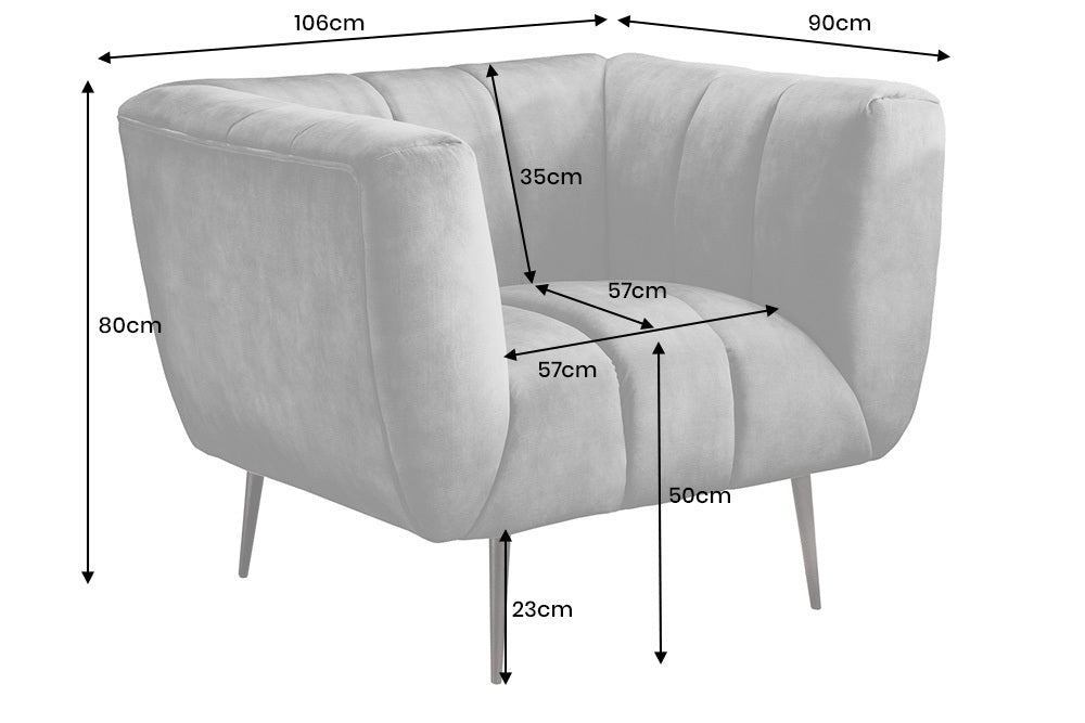 Retro Sessel NOBLESSE 105cm grau Samt schwarze Metallfüße Federkern Ziersteppung