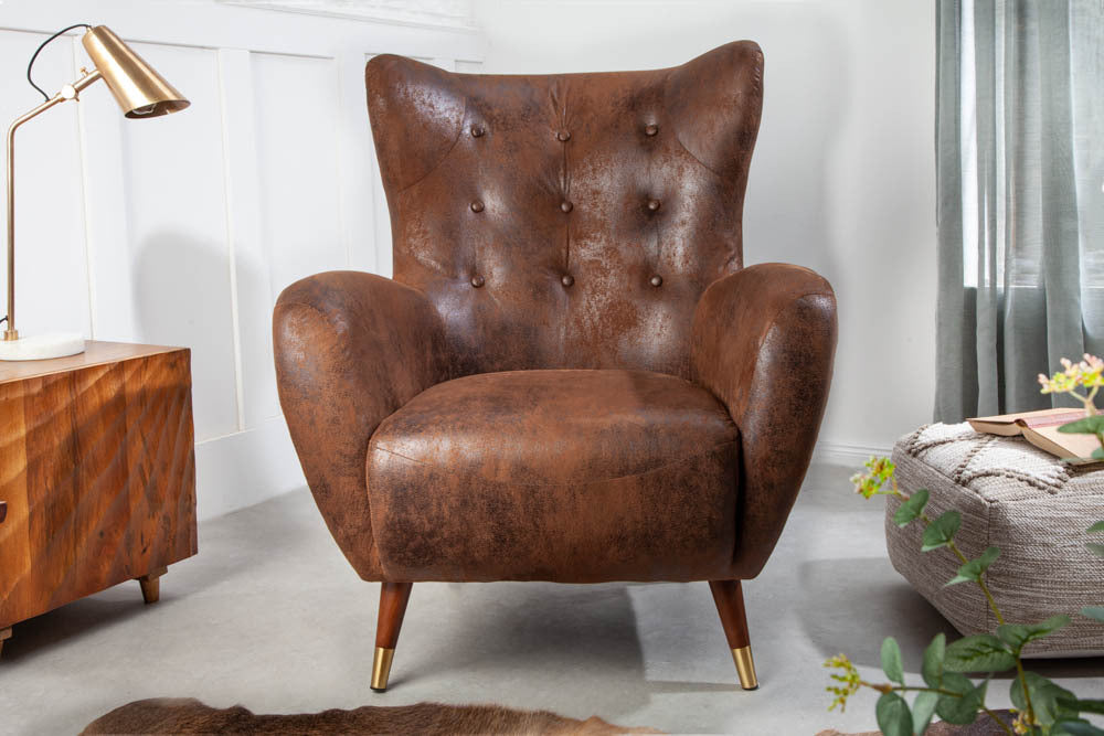 DON Retro Design Sessel antik braun goldene Fußkappen mit Federkern