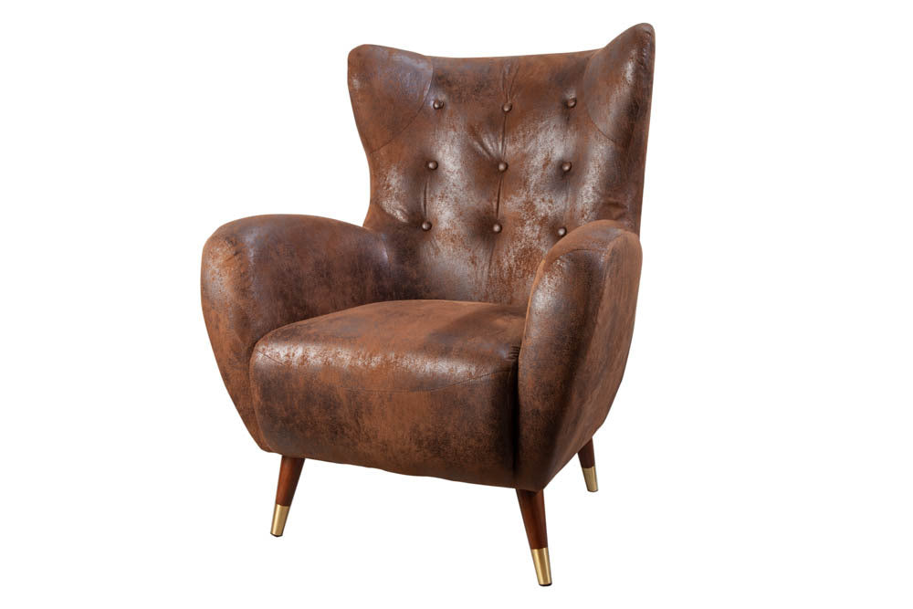 DON Retro Design Sessel antik braun goldene Fußkappen mit Federkern