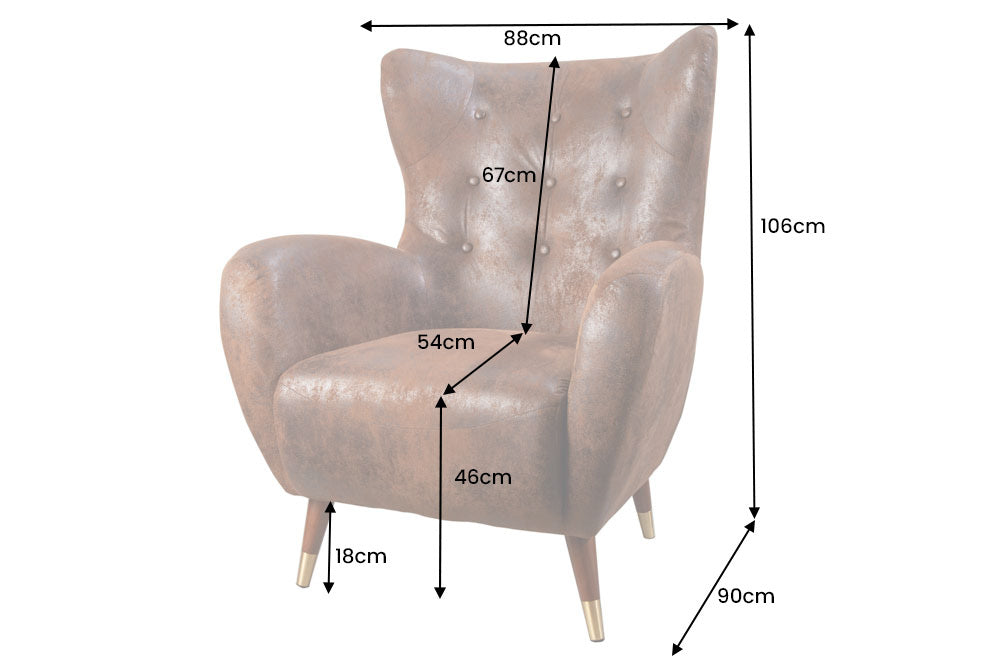DON Retro Design Sessel antik braun goldene Fußkappen mit Federkern