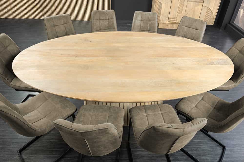 ART DECO Ovaler Esstisch 220cm weiß gekälkt massives Mangoholz mit Säulenfuß