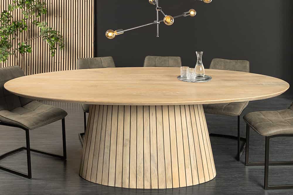 ART DECO Ovaler Esstisch 220cm weiß gekälkt massives Mangoholz mit Säulenfuß