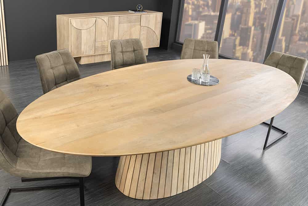 ART DECO Ovaler Esstisch 220cm weiß gekälkt massives Mangoholz mit Säulenfuß