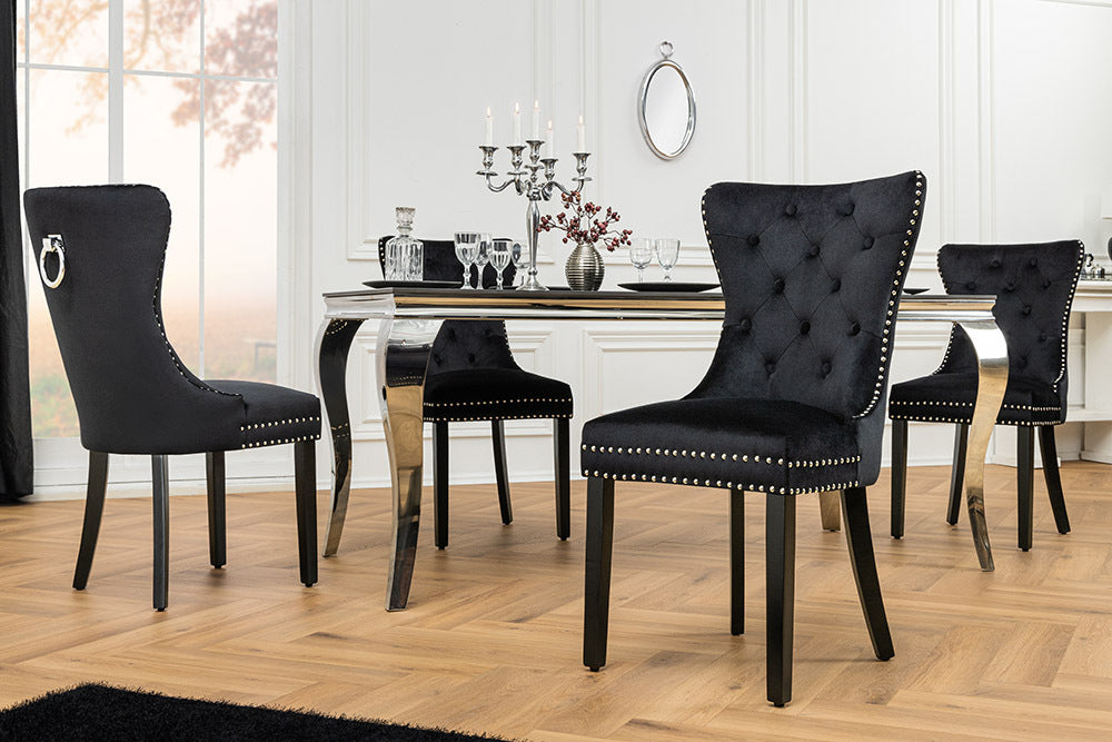 CASTLE Chesterfield Stuhl schwarz Samt Massivholz Ziernieten mit Komfortgriff