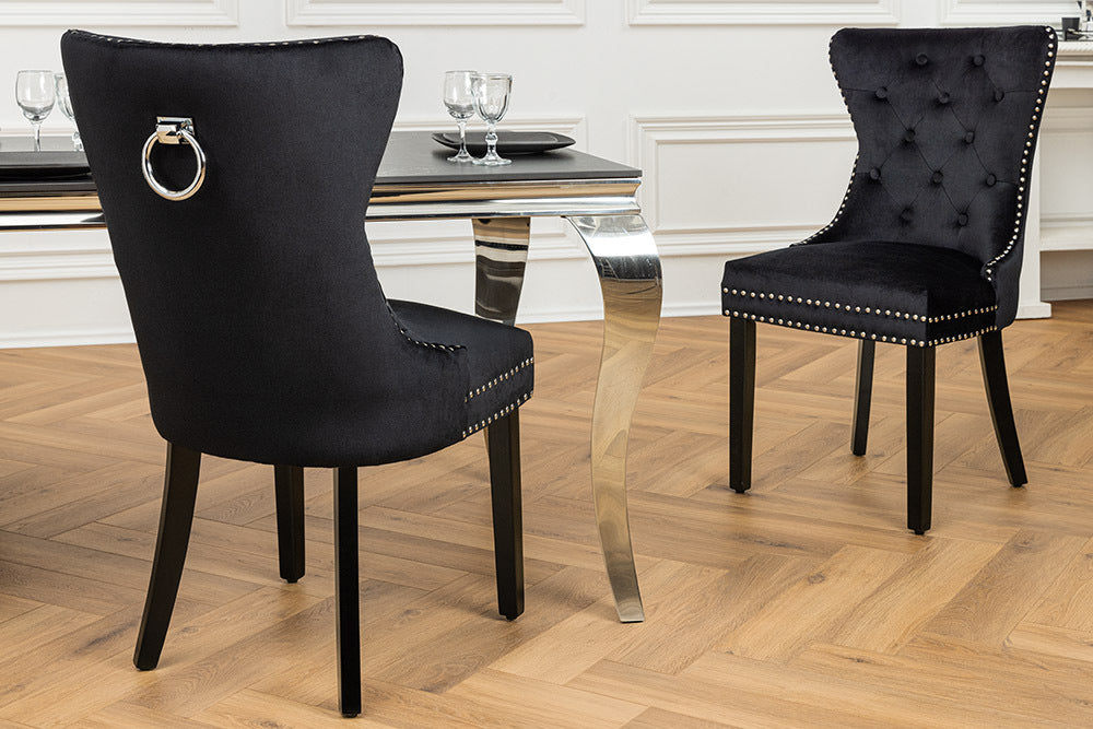 CASTLE Chesterfield Stuhl schwarz Samt Massivholz Ziernieten mit Komfortgriff