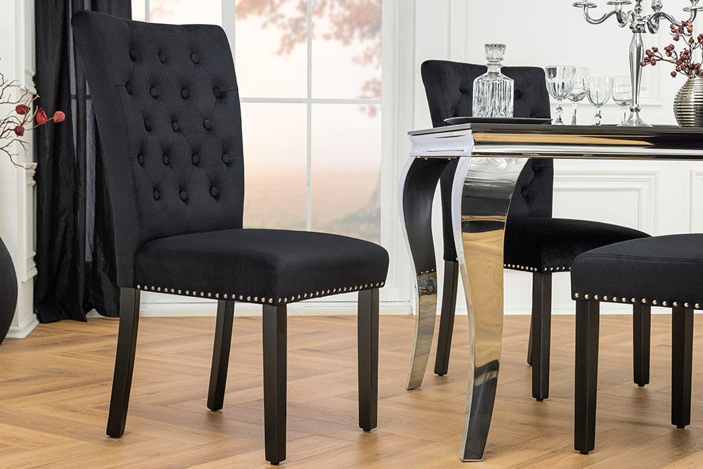 CASTLE Chesterfield Stuhl schwarz Samt Gummiholz Ziernieten