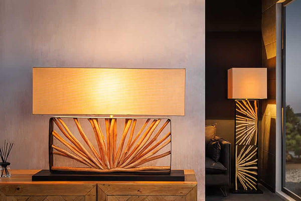 Handgefertigte Tischlampe EUPHORIA 80cm natur Longanholz beige mit Leinenschirm