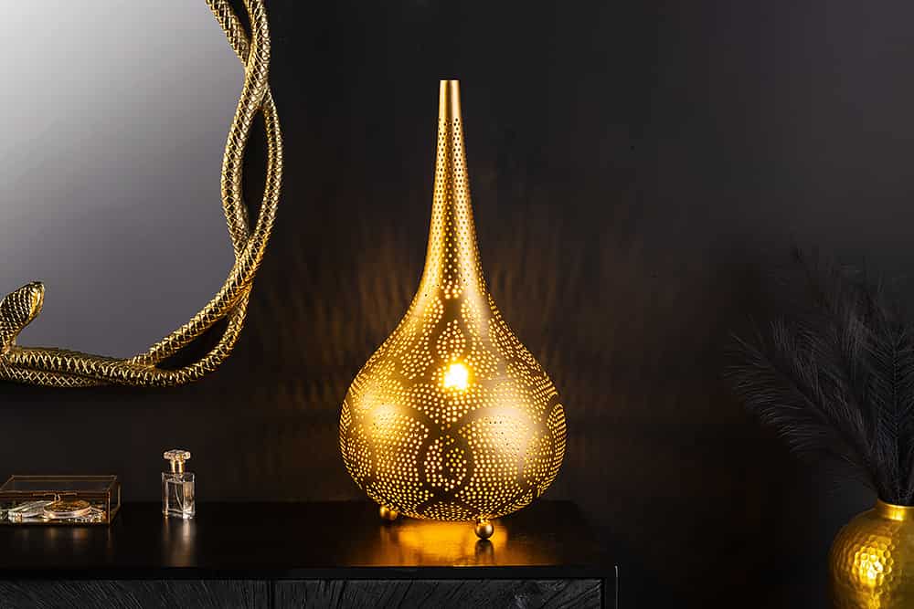 ORIENT LIVING Handgefertigte Stehlampe 50cm gold Eisen Tropfenform