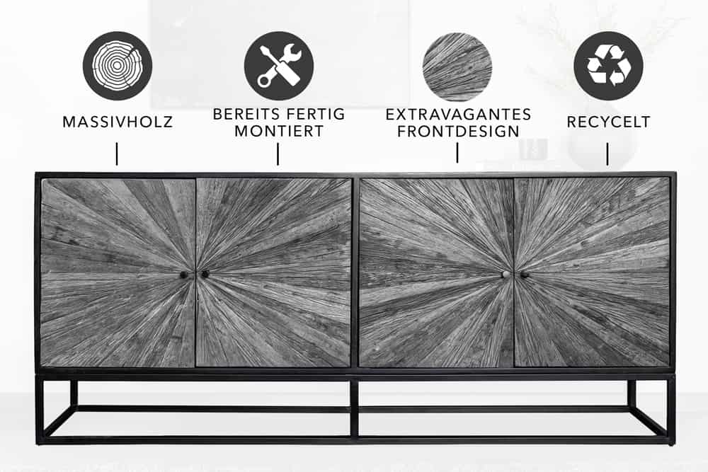 Massives Sideboard BARRACUDA 180cm Mangoholz mit Teakholz-Front schwarz Metall