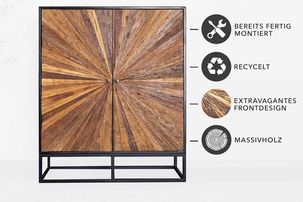 Massives Highboard BARRACUDA 120cm  Mangoholz mit Teakholz-Front
