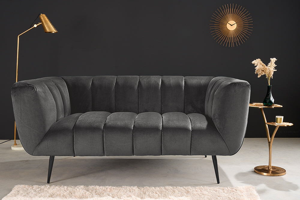 Design 2-Sitzer Sofa NOBLESSE 165cm grau Samt schwarze Metallfüße Federkern