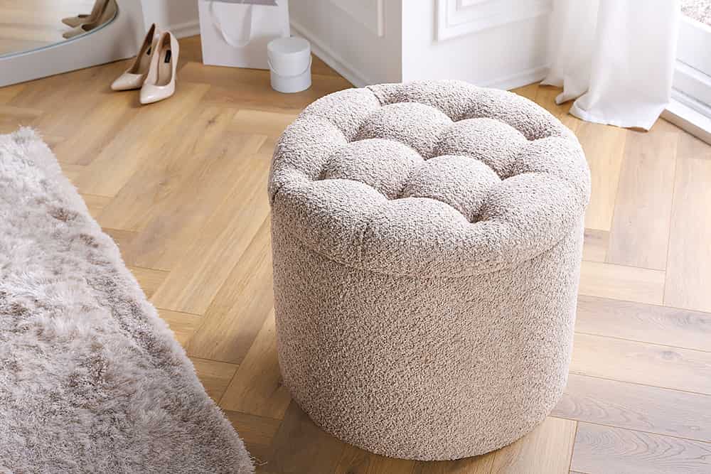 Runder Hocker MODERN BAROCK 50cm champagner Bouclé mit Stauraum