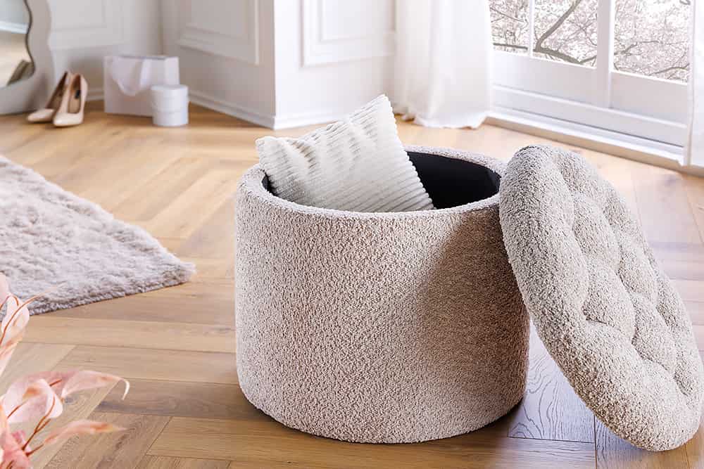 Runder Hocker MODERN BAROCK 50cm champagner Bouclé mit Stauraum