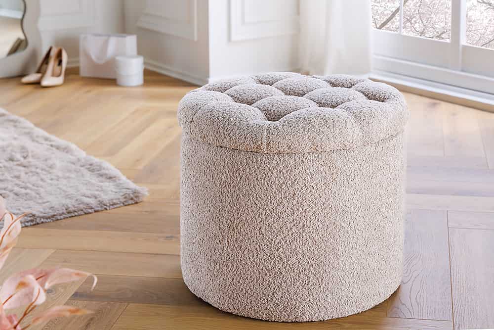 Runder Hocker MODERN BAROCK 50cm champagner Bouclé mit Stauraum