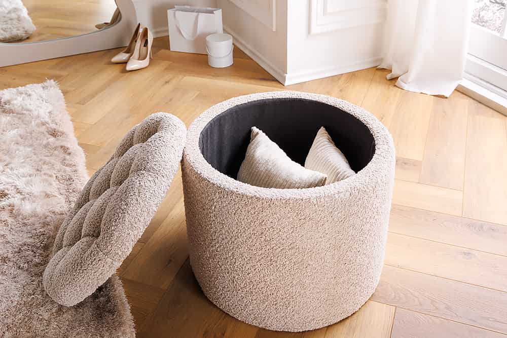 Runder Hocker MODERN BAROCK 50cm champagner Bouclé mit Stauraum