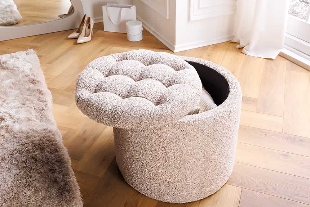 Runder Hocker MODERN BAROCK 50cm champagner Bouclé mit Stauraum