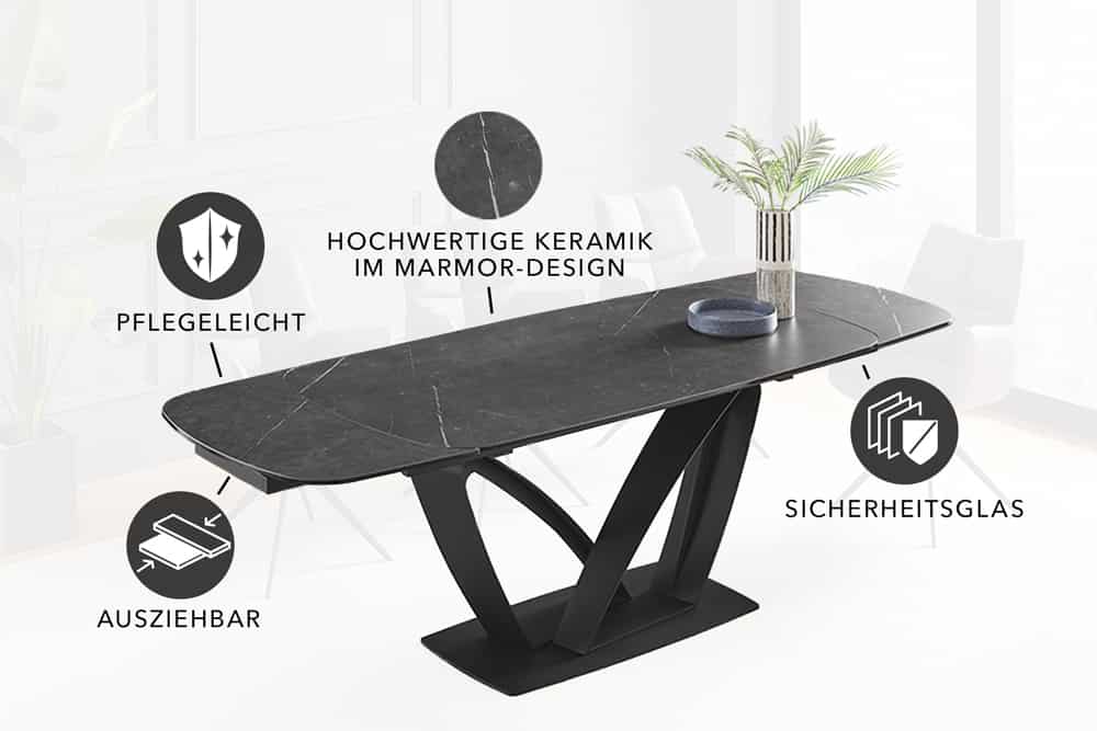 PAPILLON Ausziehbarer Esstisch 180-260cm graphit Keramik Marmor schwarz Metall