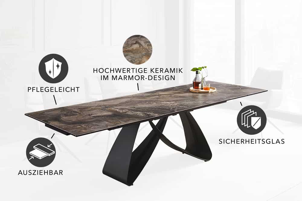 INFINITY Ausziehbarer Esstisch 180-260cm rost Keramik Marmor schwarz Metall