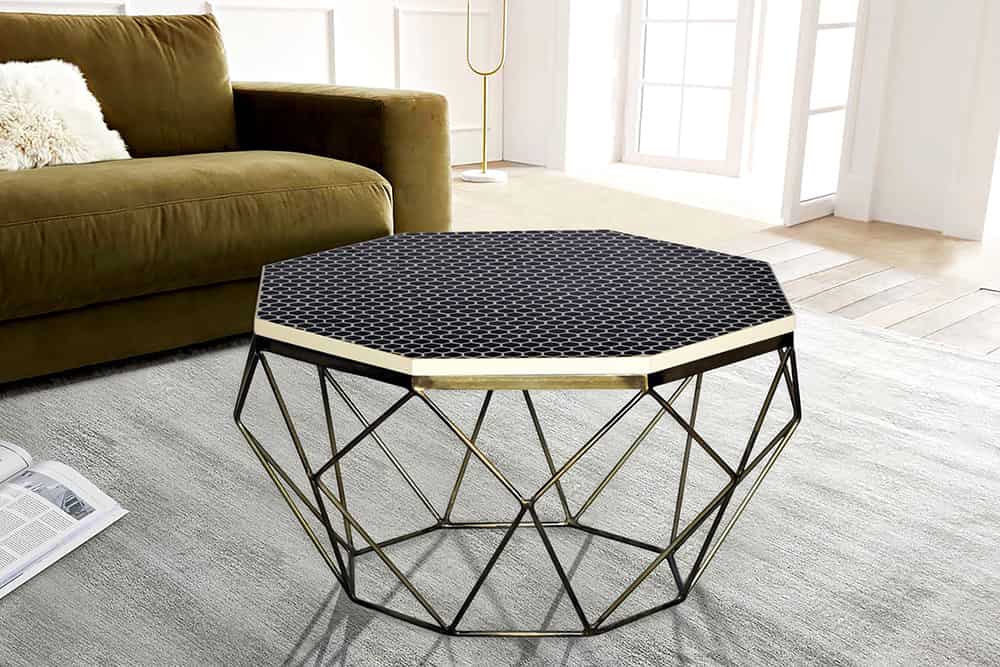DIAMOND Handgefertigter Couchtisch 70cm Travertin messing Eisen