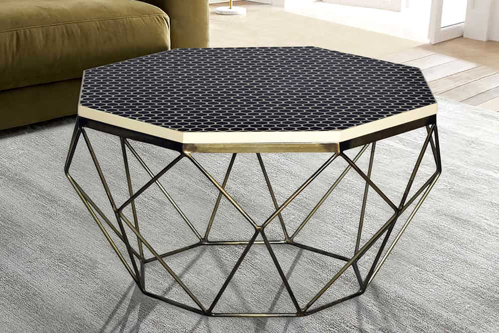 DIAMOND Handgefertigter Couchtisch 70cm Travertin messing Eisen