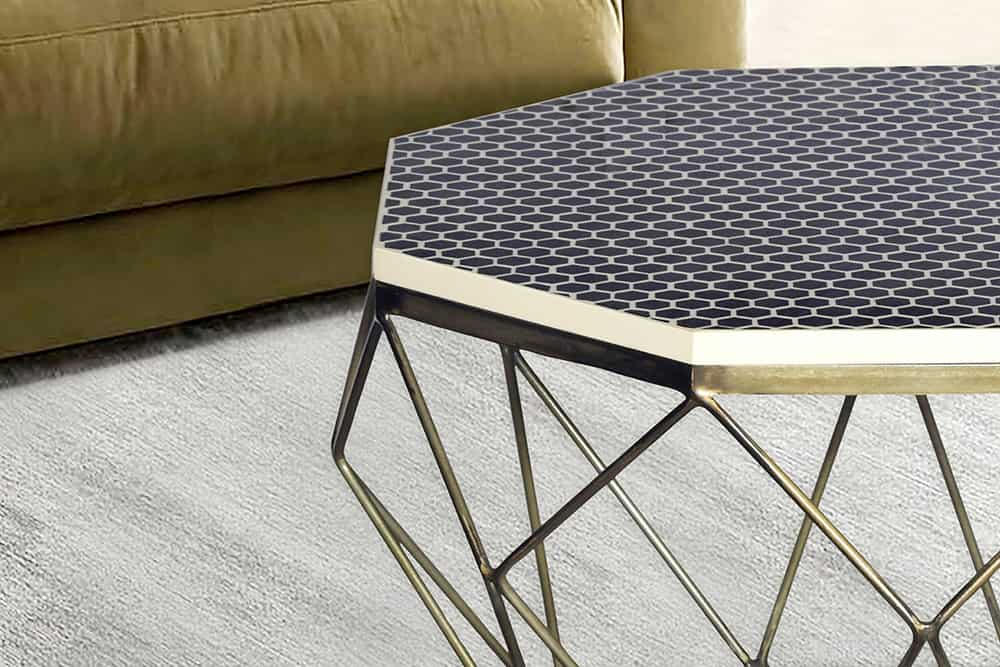 DIAMOND Handgefertigter Couchtisch 70cm Travertin messing Eisen
