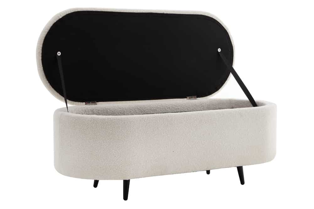 VOGUE Scandinavische Polsterbank 110cm weiß Bouclé schwarz Sitzbank mit Stauraum