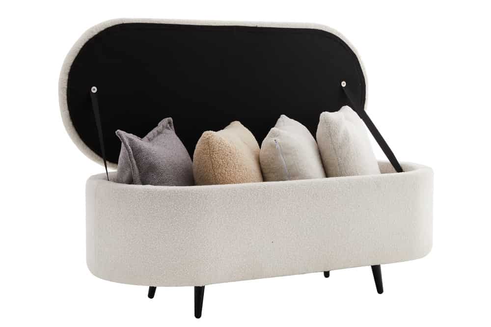 VOGUE Scandinavische Polsterbank 110cm weiß Bouclé schwarz Sitzbank mit Stauraum