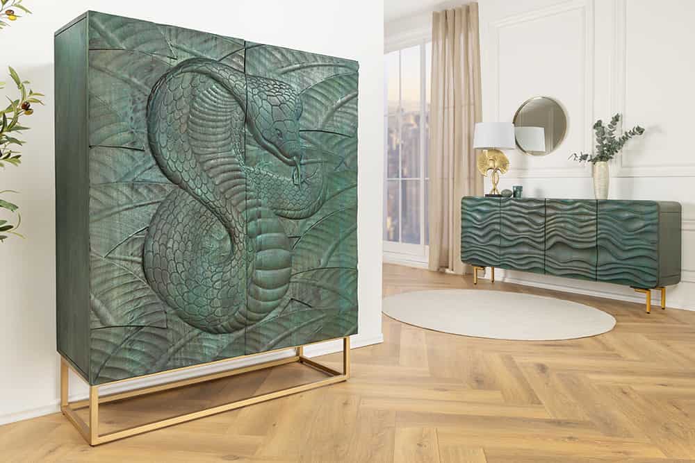 Massives Highboard SNAKE 120cm Mangoholz Schlangen-Design