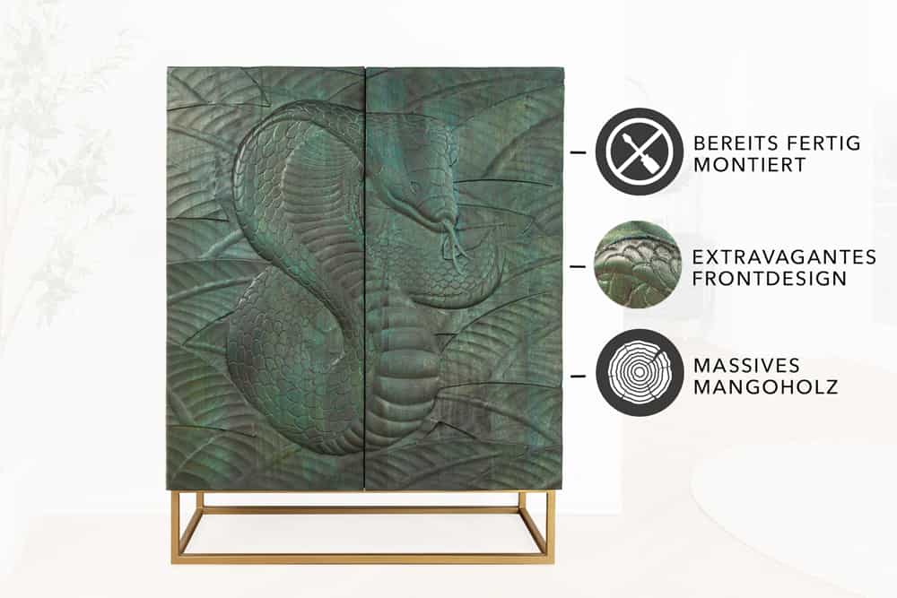 Massives Highboard SNAKE 120cm Mangoholz Schlangen-Design