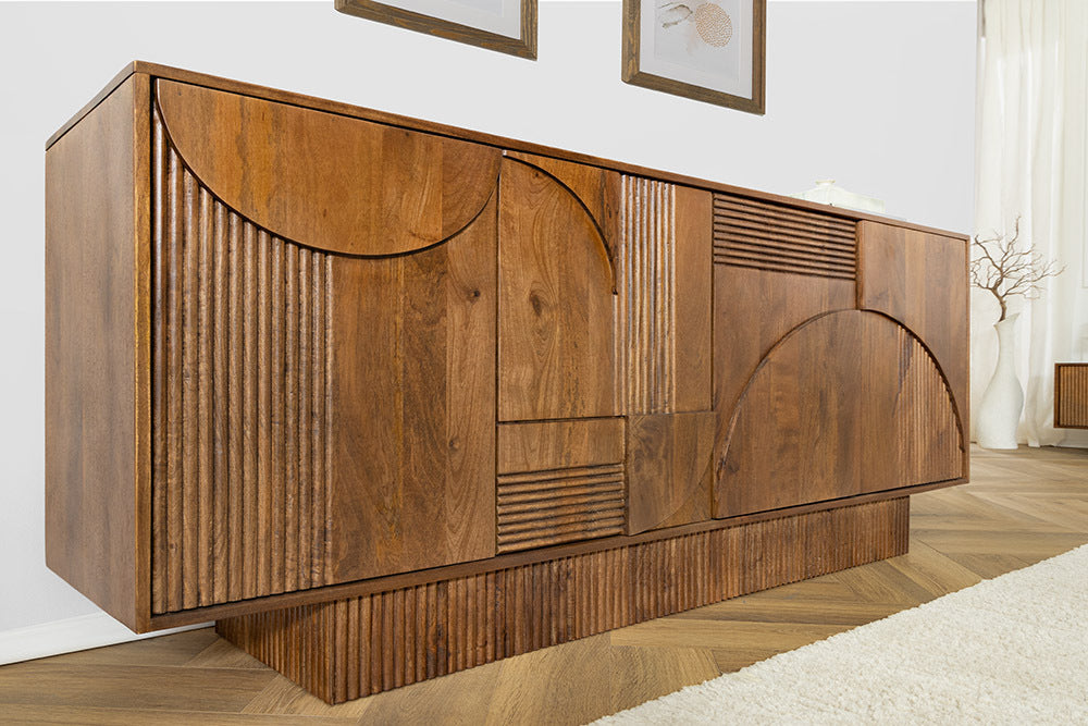 ART DECO Design Sideboard 170cm braun smoked Mangoholz massiv 3D-Front